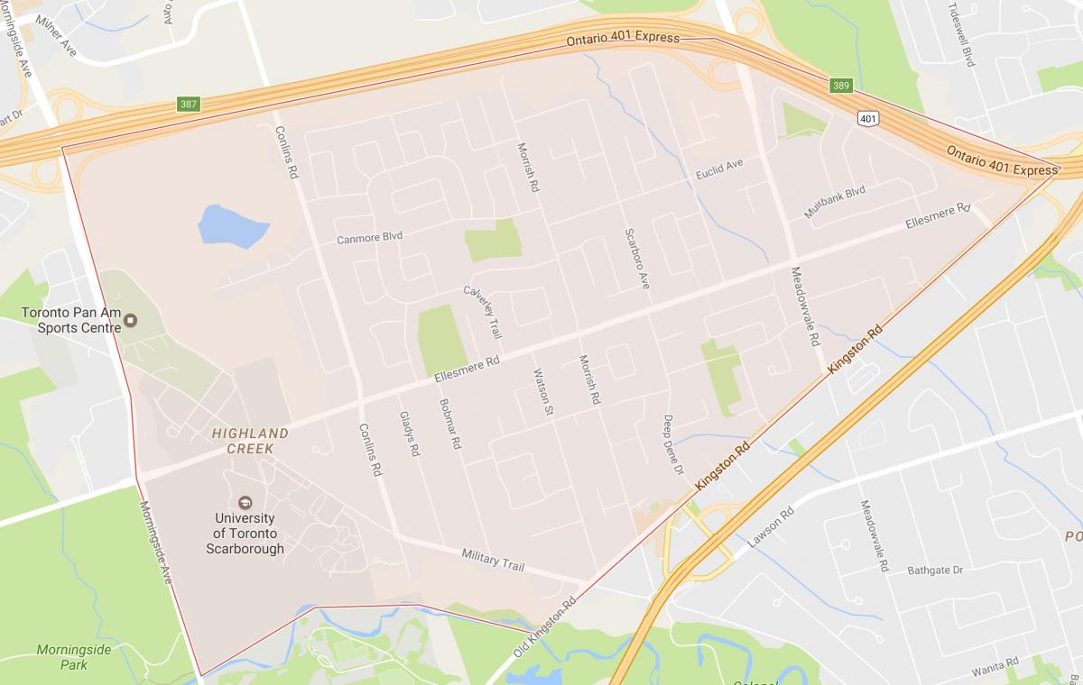 Kartta Highland Creek naapurustossa Toronto