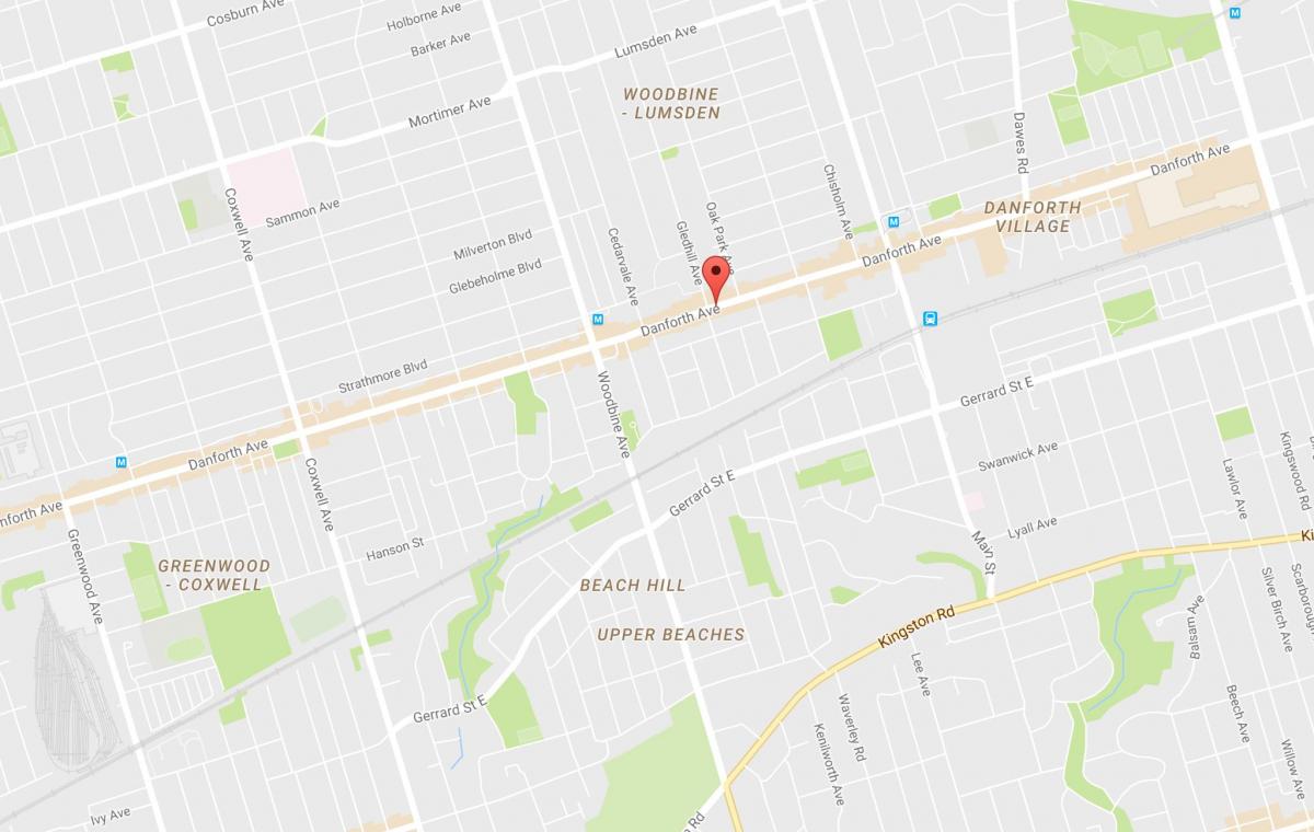 Kartta Itä-Danforth naapuruus-Toronto