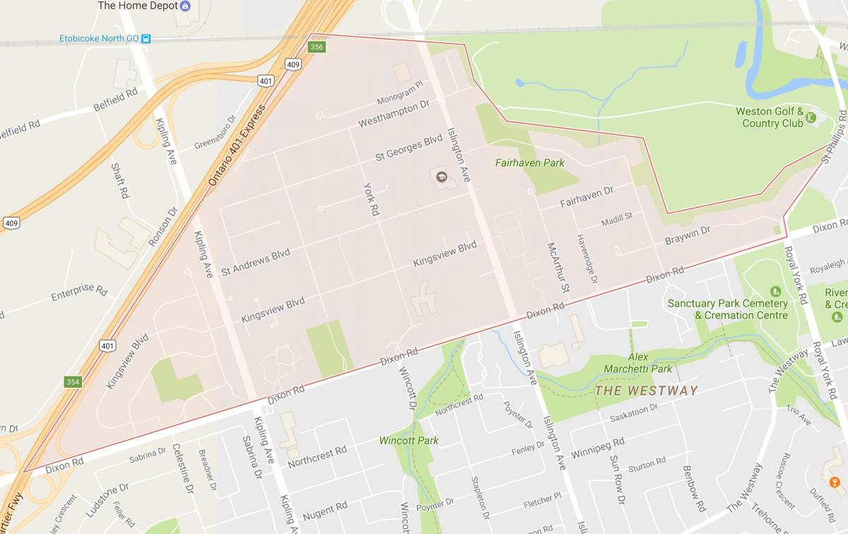 Kartta Kingsview Kylä naapurustossa Toronto