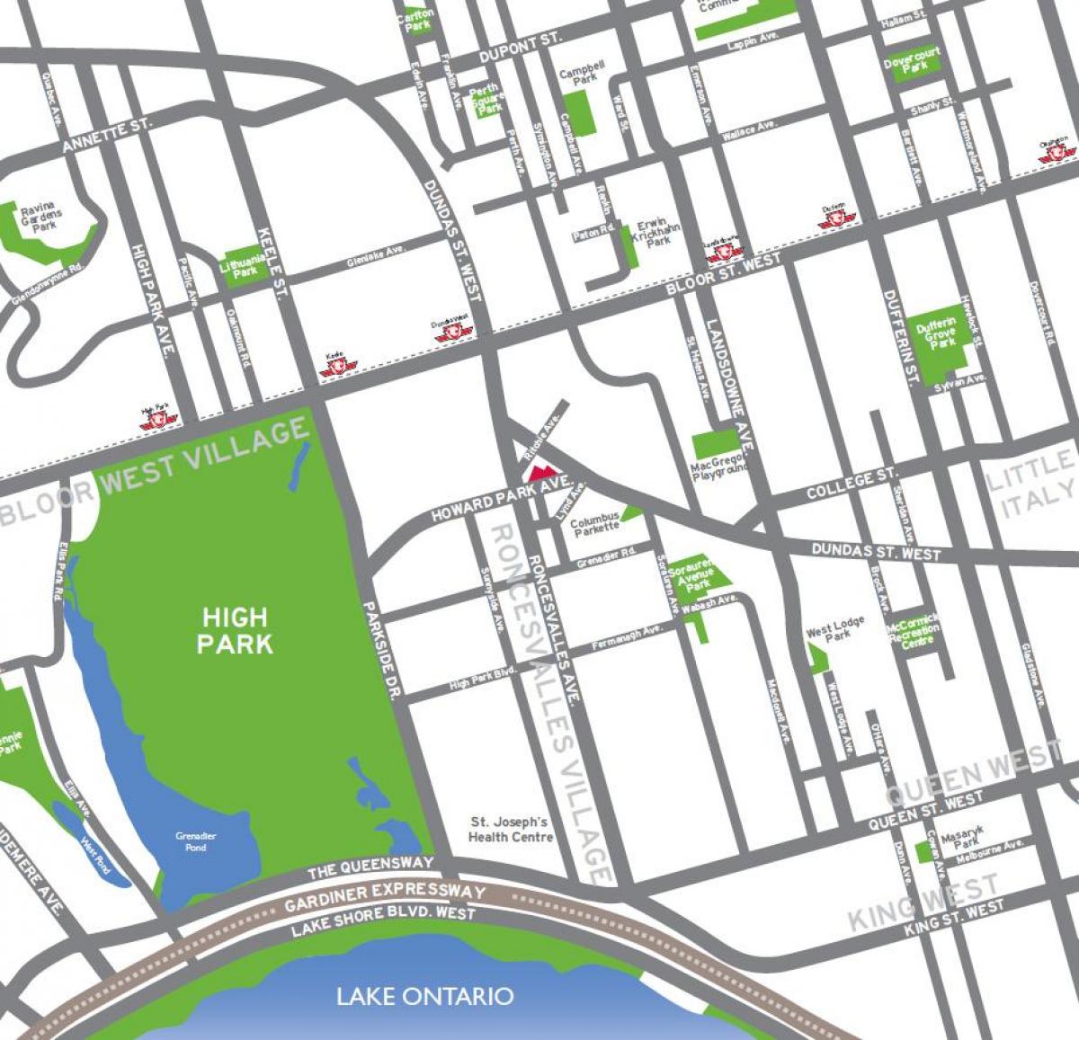 Kartta High park Toronto yleiskatsaus