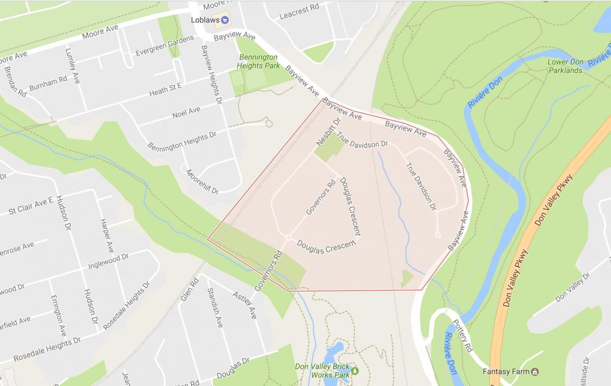 Kartta Kuvernöörin Sillan naapurustossa Toronto