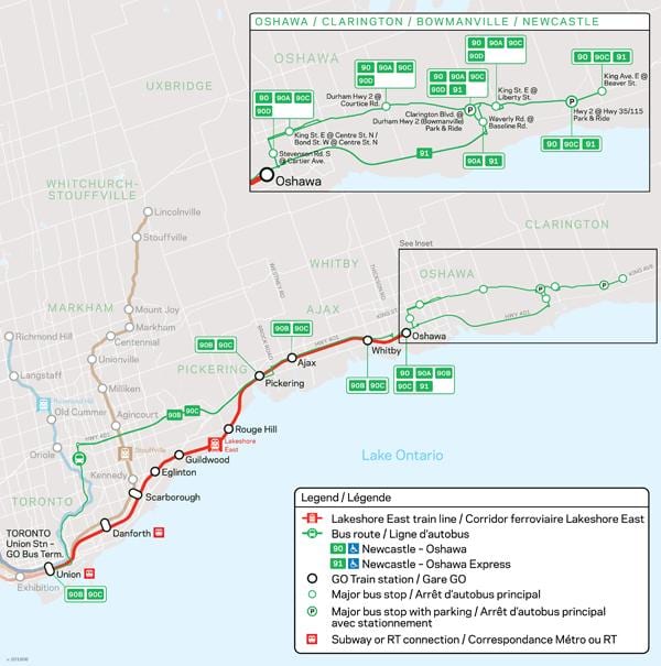 Kartta linja Lakeshore Itä-Go Transit