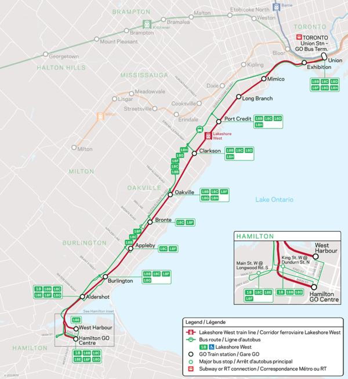 Kartta linja Lakeshore West Go Transit
