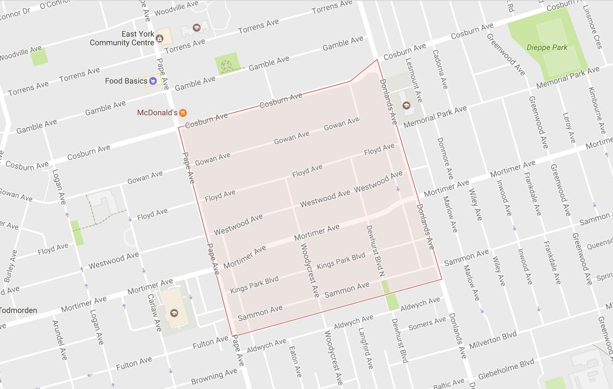 Kartta Pape Kylä naapurustossa Toronto