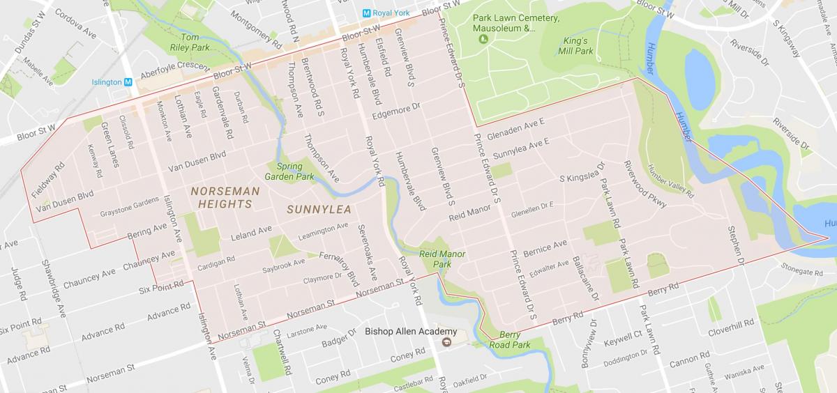Kartta Sunnylea naapuruston naapuruston Torontossa