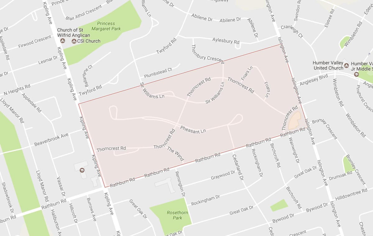 Kartta Thorncrest Kylä naapurustossa naapurustossa Toronto