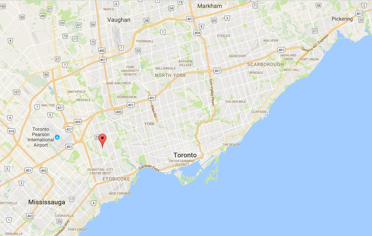 Kartta Thorncrest Kylän alueella Toronto