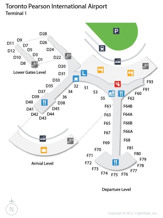 Kartta Toronto Pearson lentokentällä saapumisen ja lähdön taso