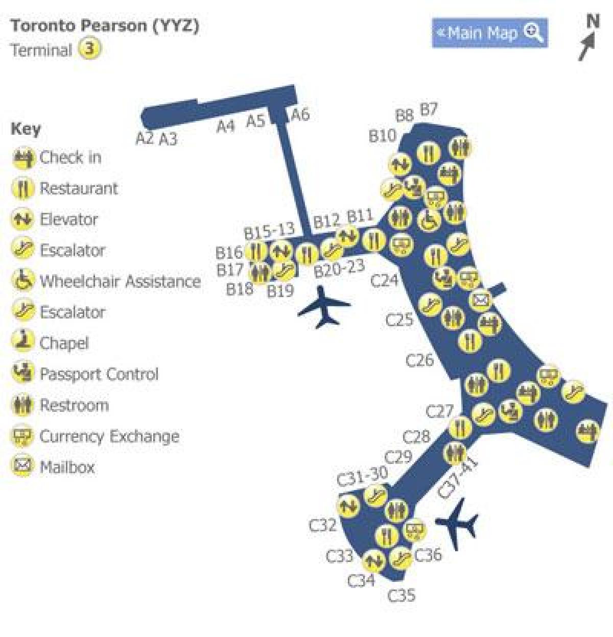 Kartta Toronto Pearsonin lentokenttä terminaali 3