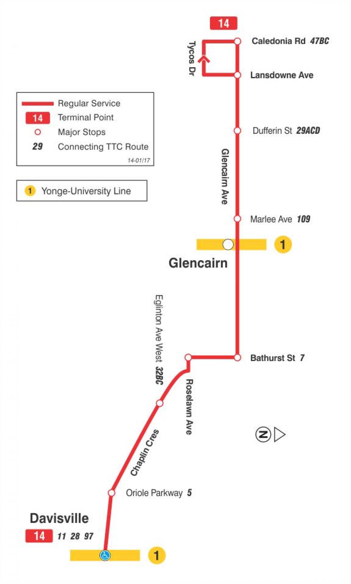 Kartta TTC 14 Glencairn bussi reitin Toronto