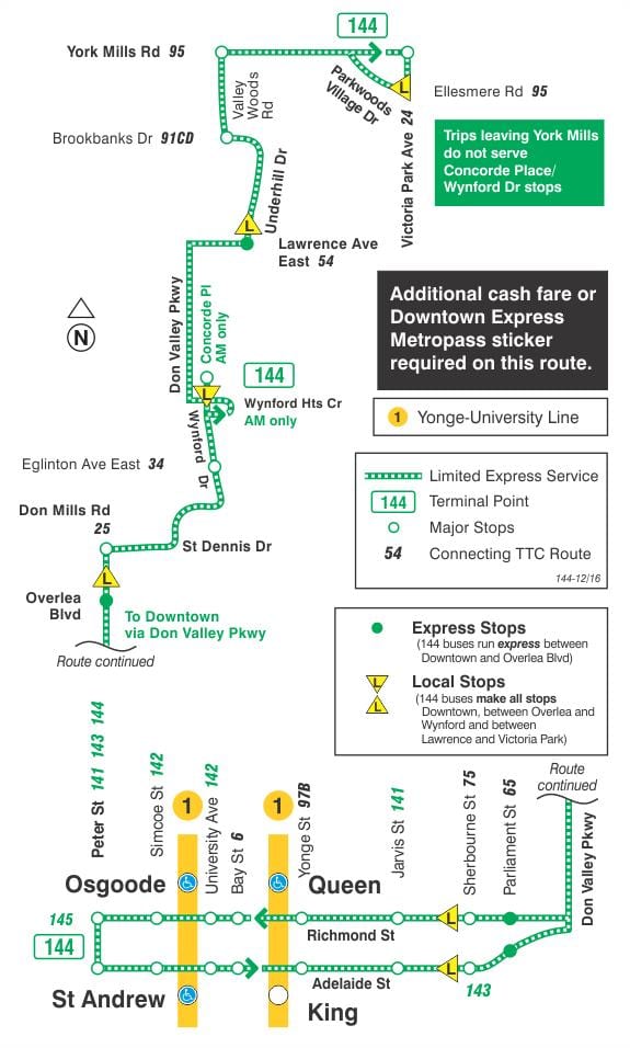 Kartta TTC 144 Downtown / Don Valley Express bussi reitin Toronto
