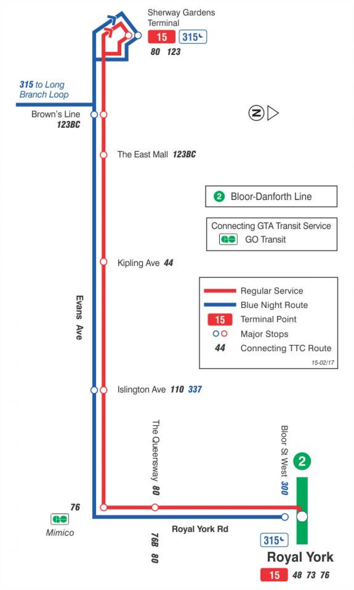 Kartta TTC 15 Evans bussi reitin Toronto