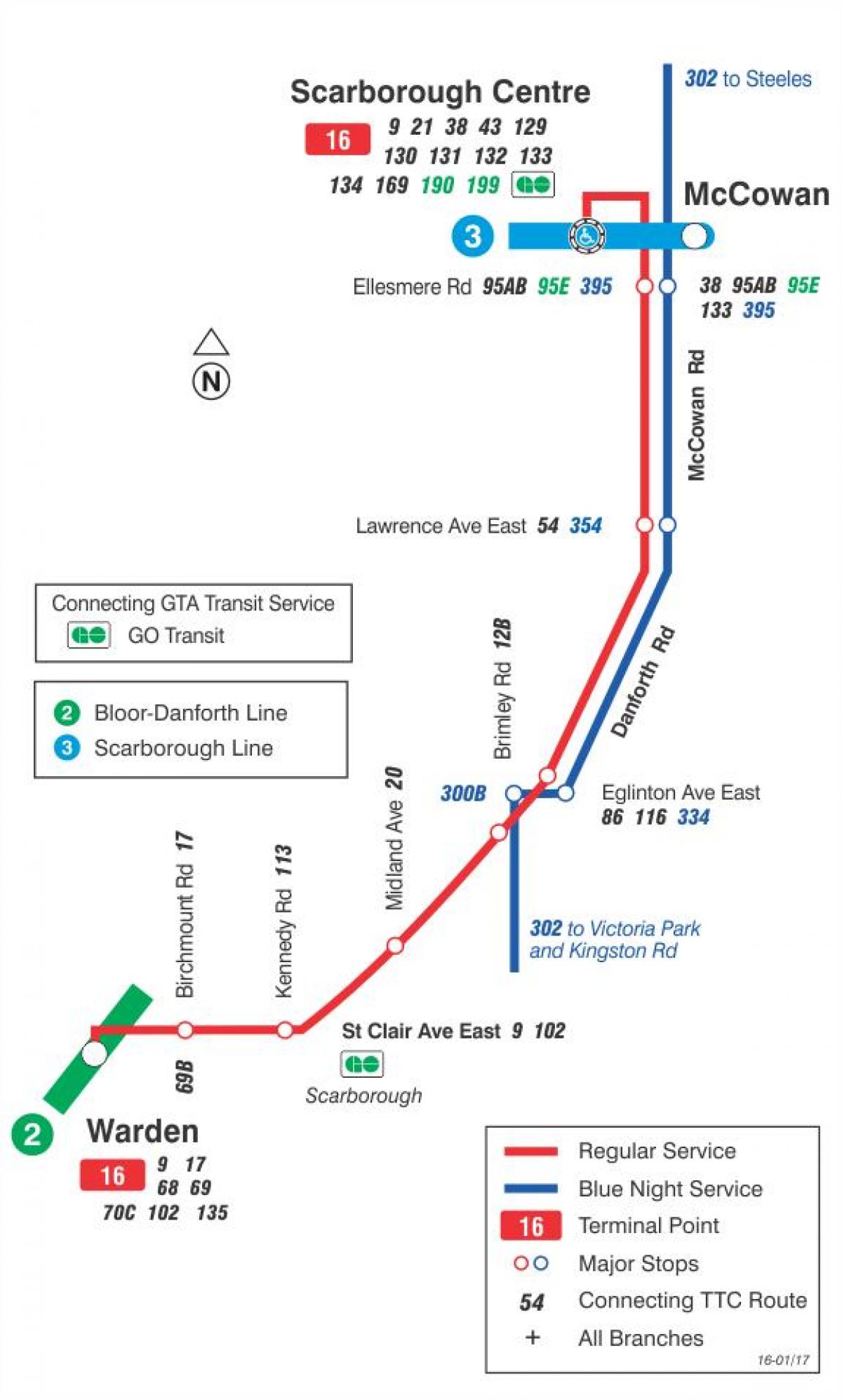 Kartta TTC 16 McCowan bussi reitin Toronto