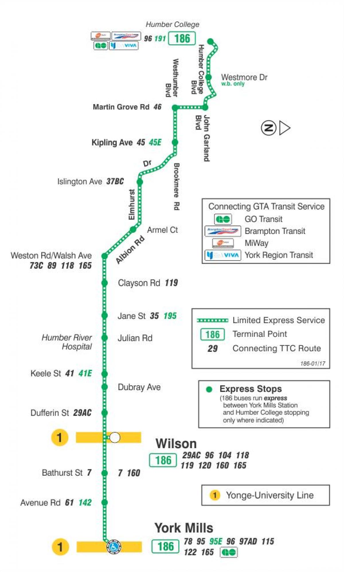 Kartta TTC 186 Wilson Raketti bussi reitin Toronto