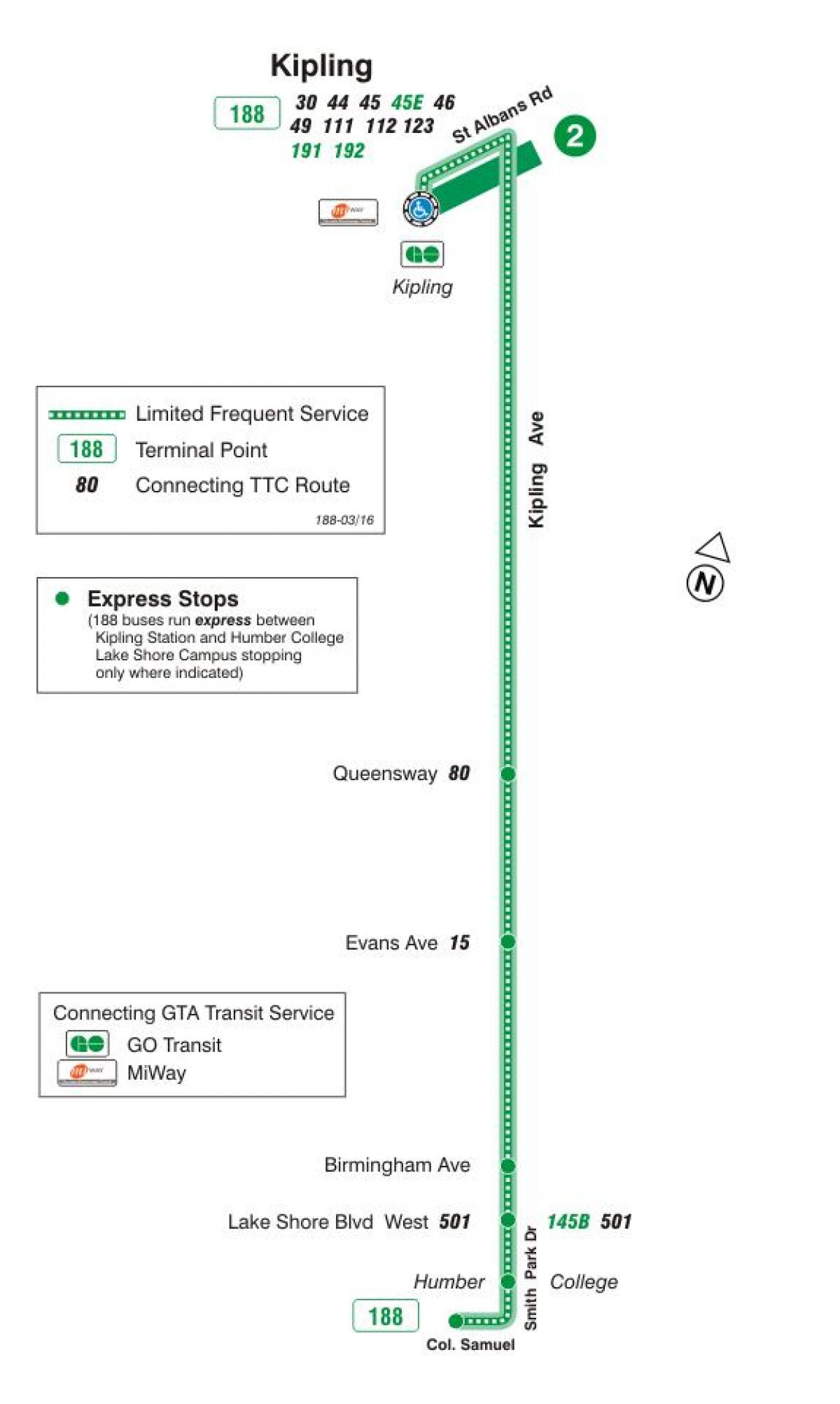 Kartta TTC 188 Kipling Etelä-Raketti bussi reitin Toronto