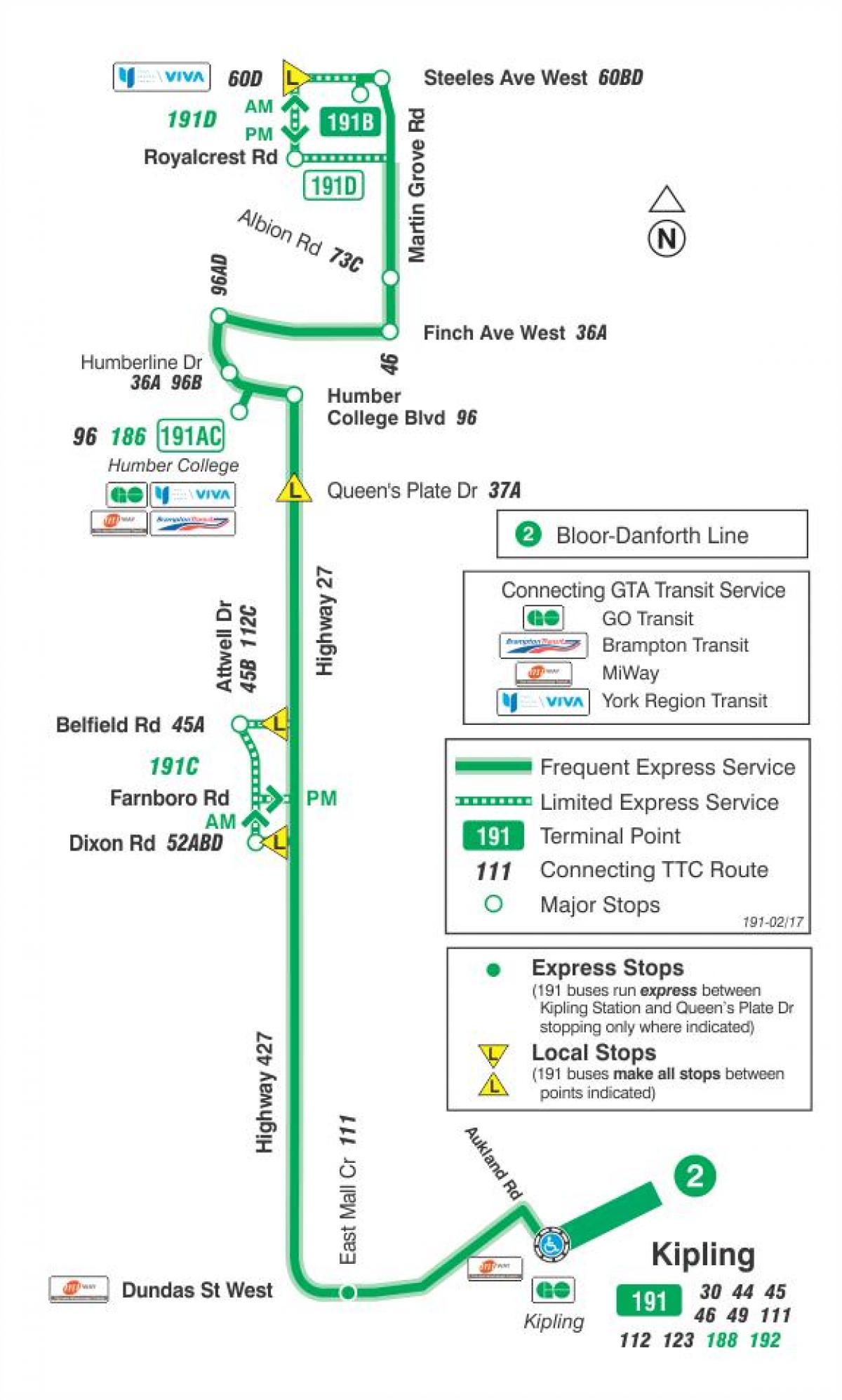 Kartta TTC 191 Valtatie 27 Raketti bussi reitin Toronto