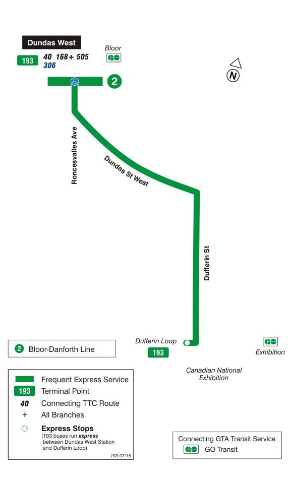 Kartta TTC 193 Näyttely Raketti bussi reitin Toronto