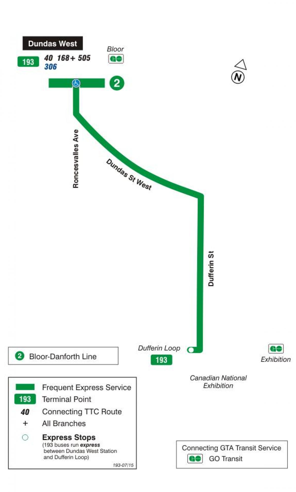 Kartta TTC 193 Näyttely Raketti bussi reitin Toronto