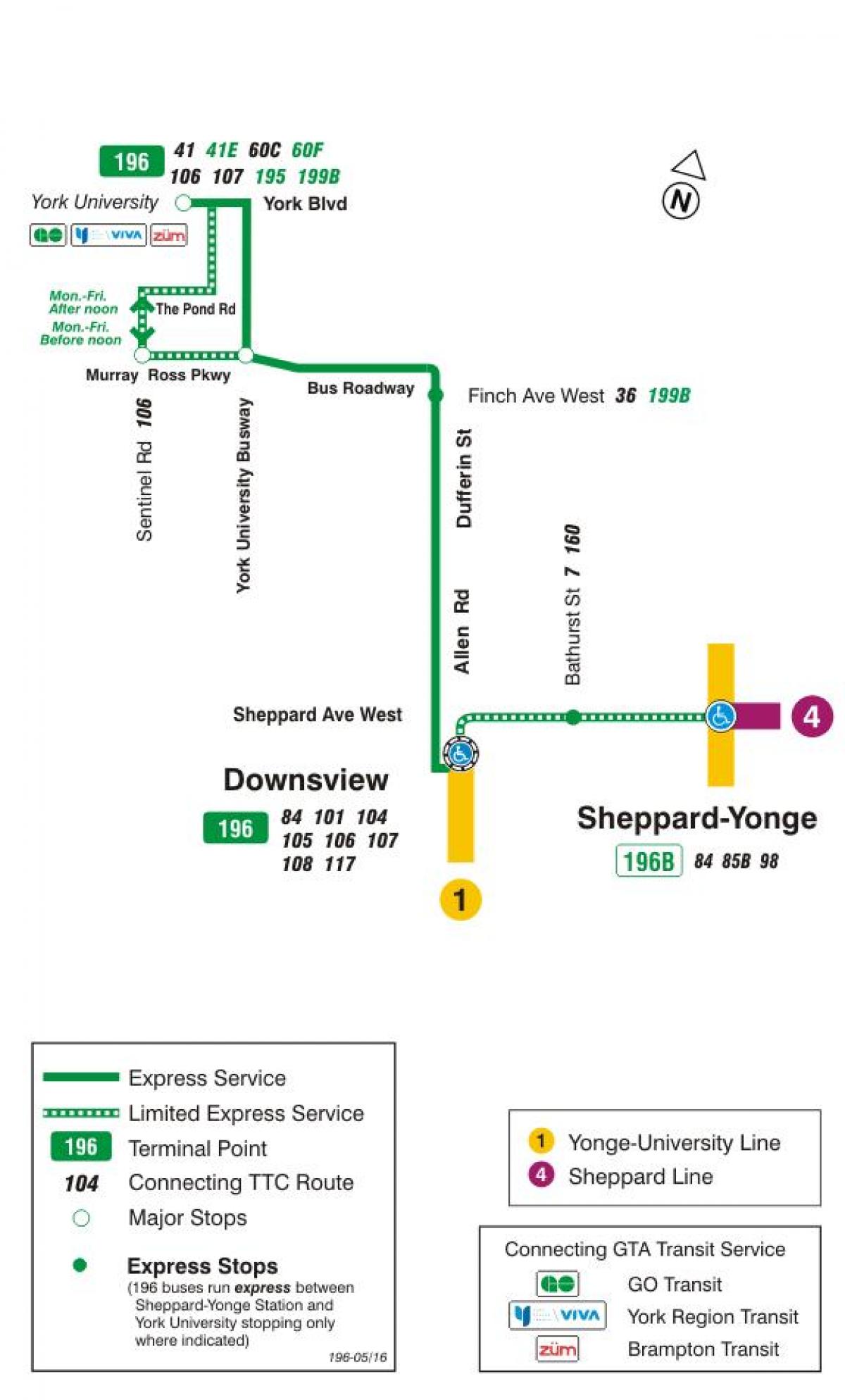 Kartta TTC 196 Yorkin Yliopiston Raketti bussi reitin Toronto