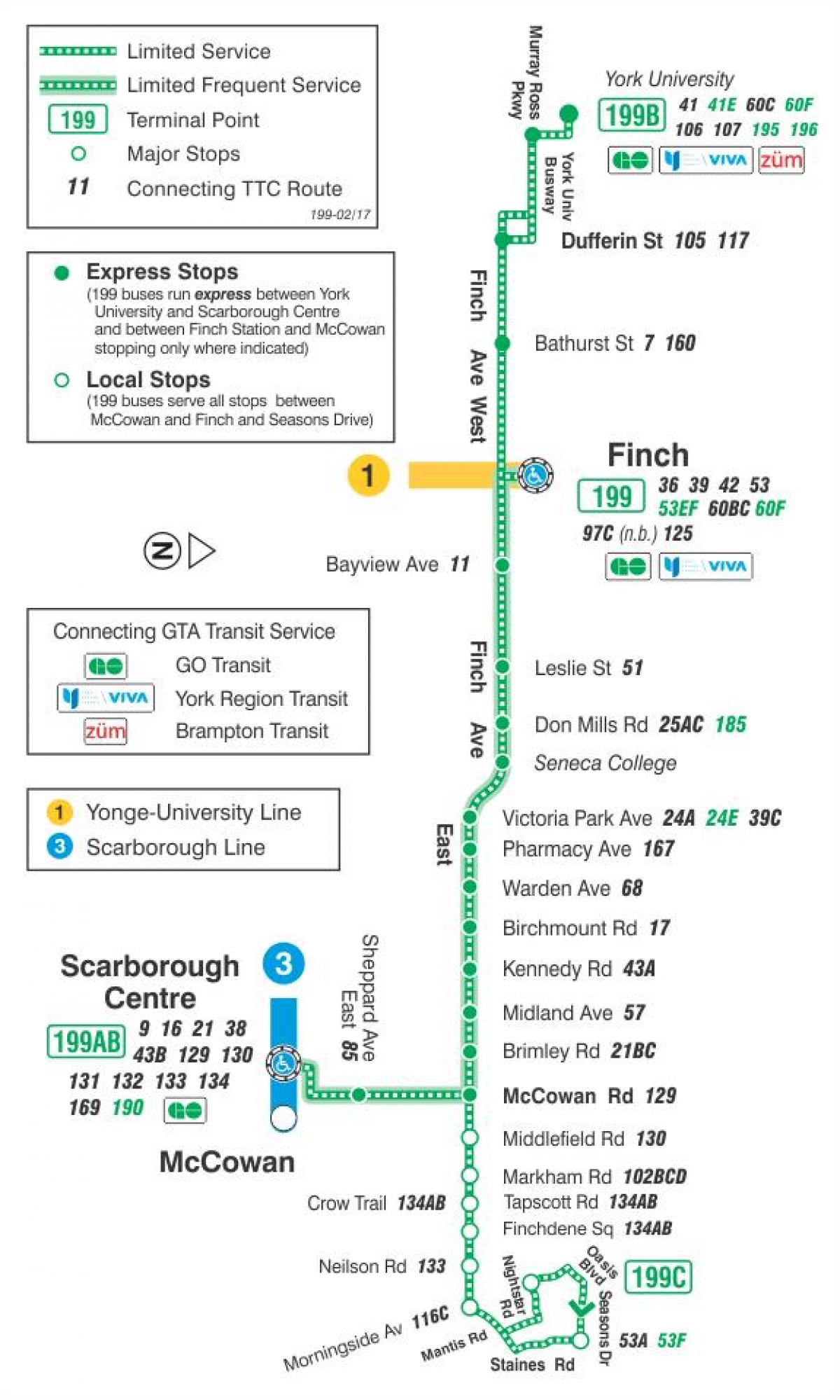 Kartta TTC 199 Finch Raketti bussi reitin Toronto