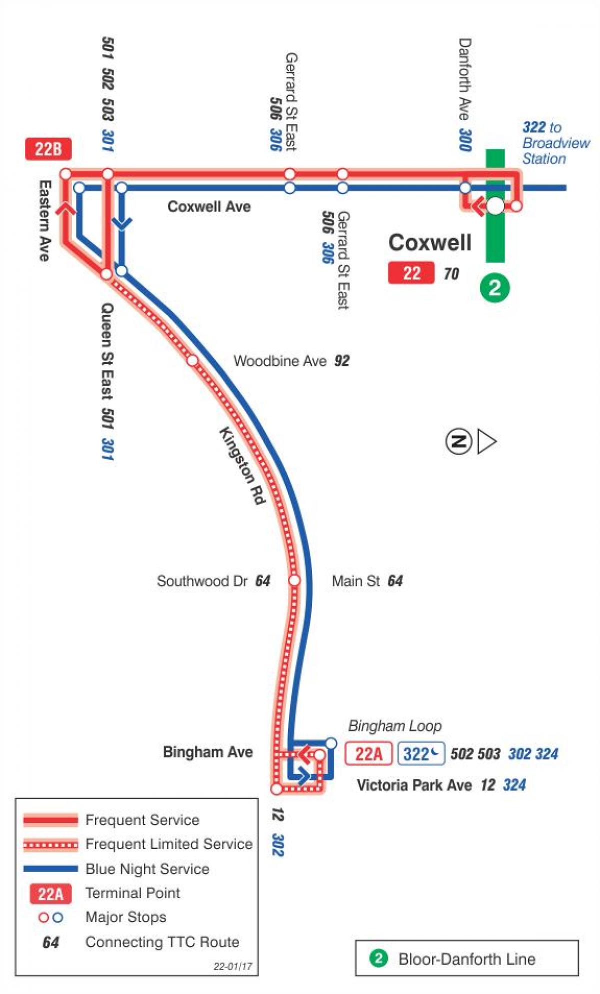 Kartta TTC 22 Coxwell bussi reitin Toronto