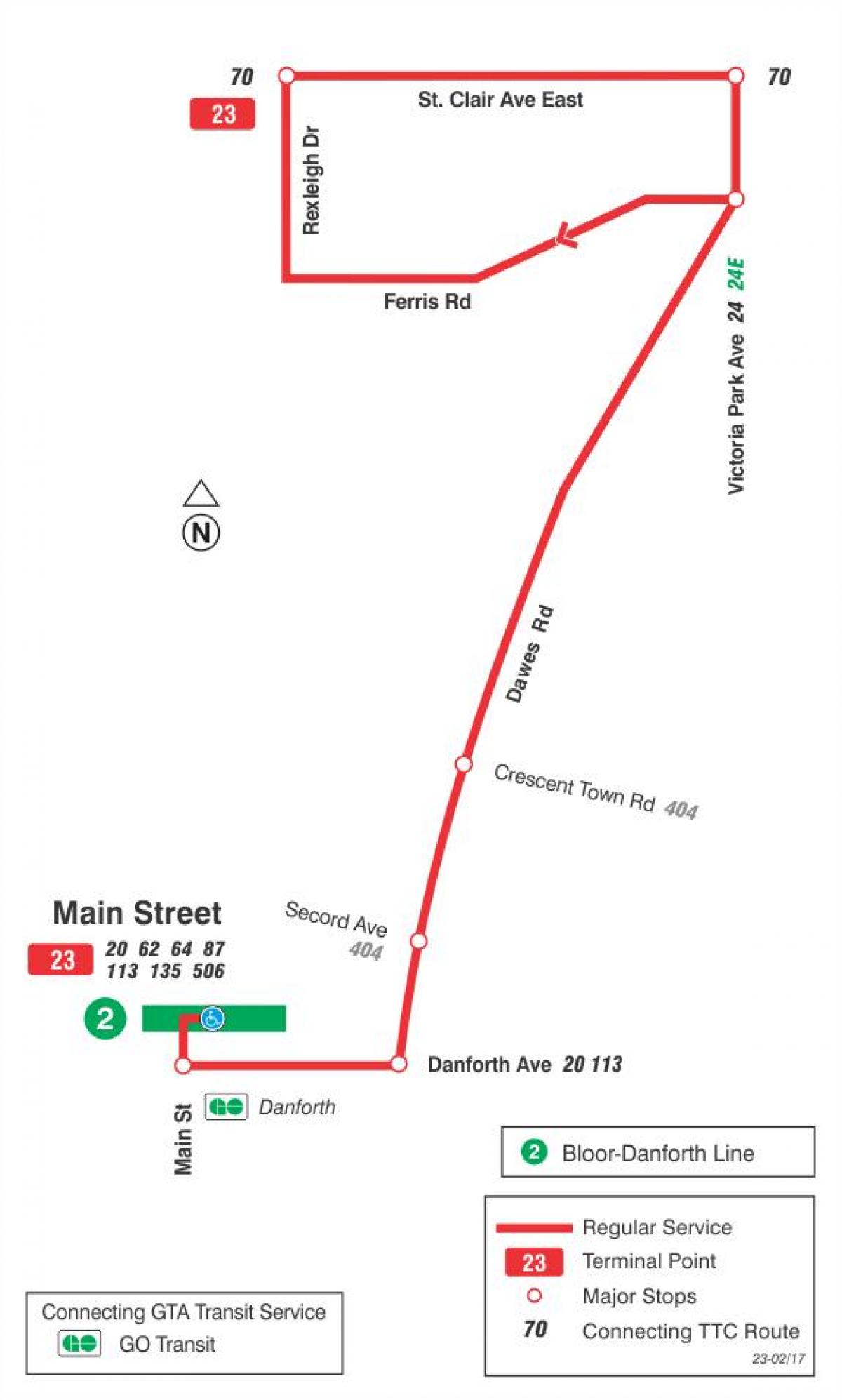 Kartta TTC 23 Dawes bussi reitin Toronto
