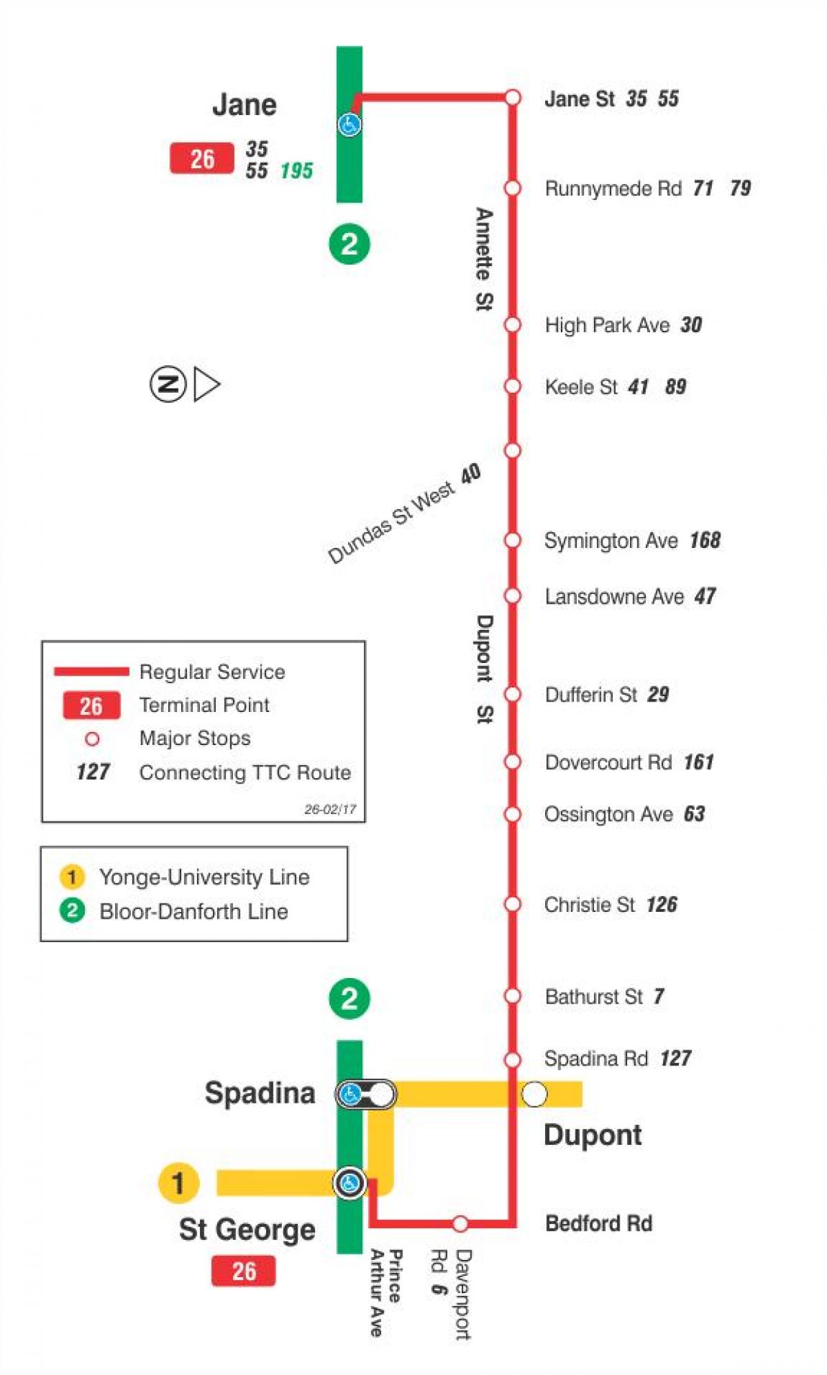 Kartta TTC 26 Dupont linja reitin Toronto