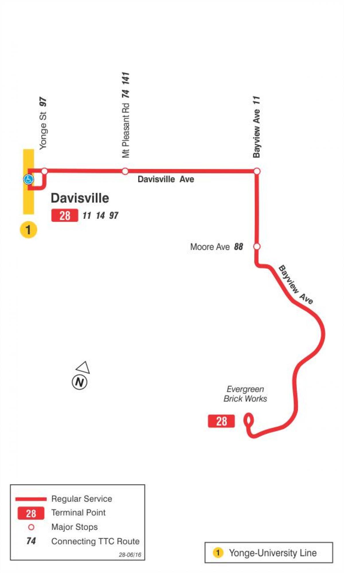 Kartta TTC 28 Bayview Etelä-bussin reitin Toronto