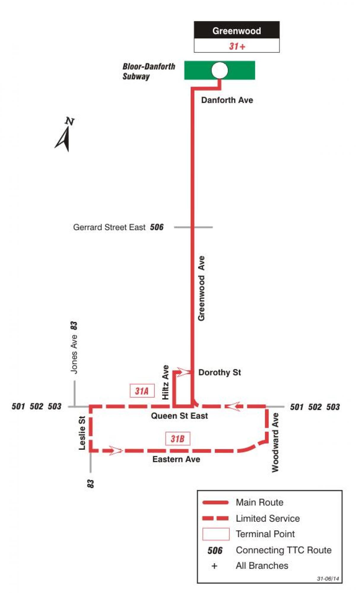 Kartta TTC 31 Greenwood bussi reitin Toronto