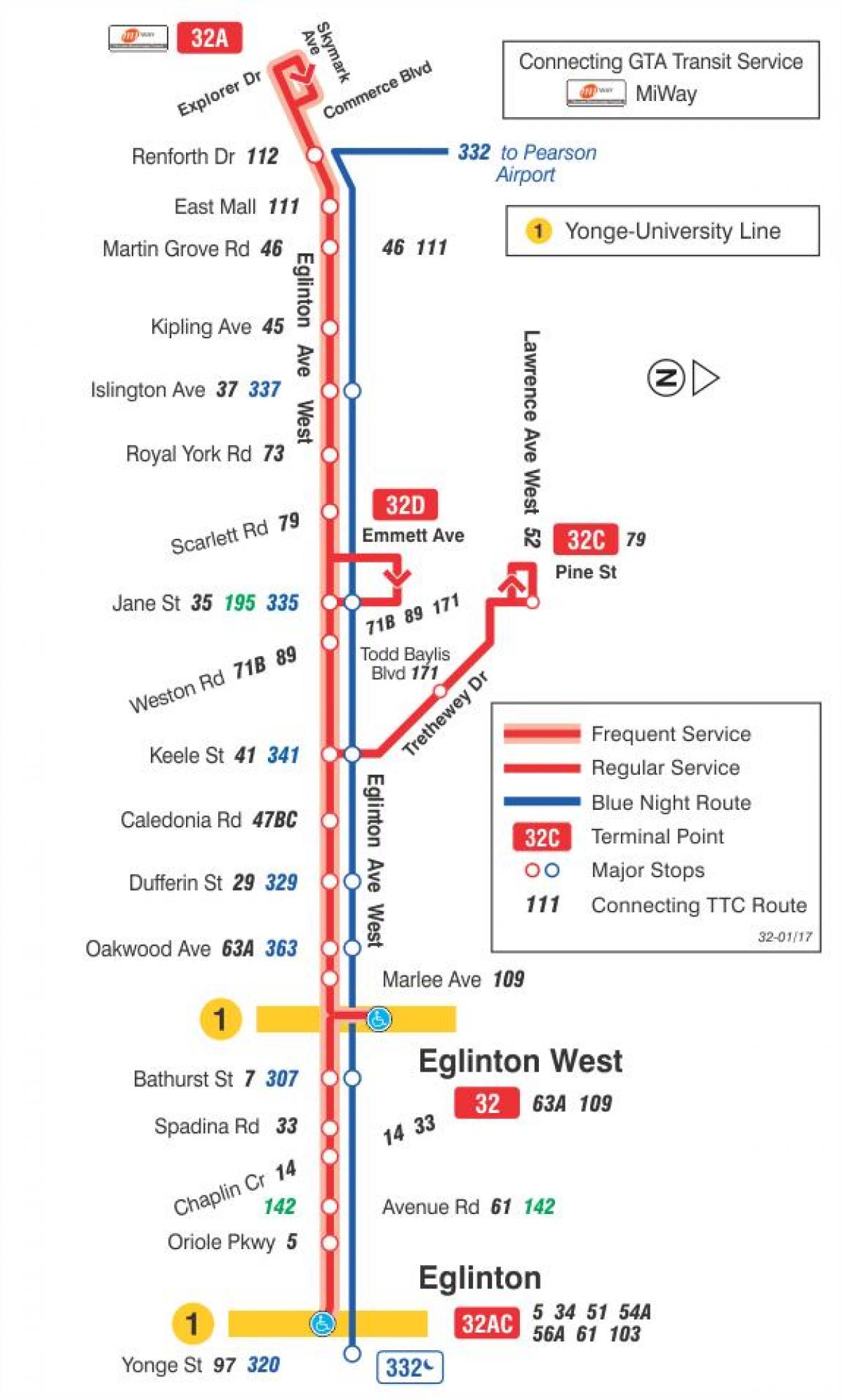 Kartta TTC 32 Eglinton West bussi reitin Toronto