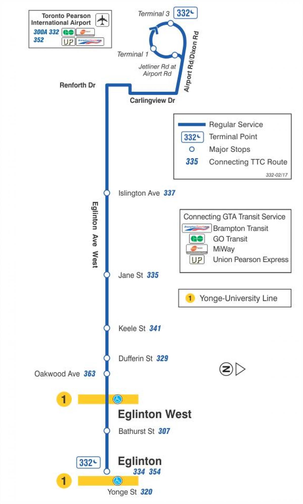 Kartta TTC 332 Eglinton West bussi reitin Toronto