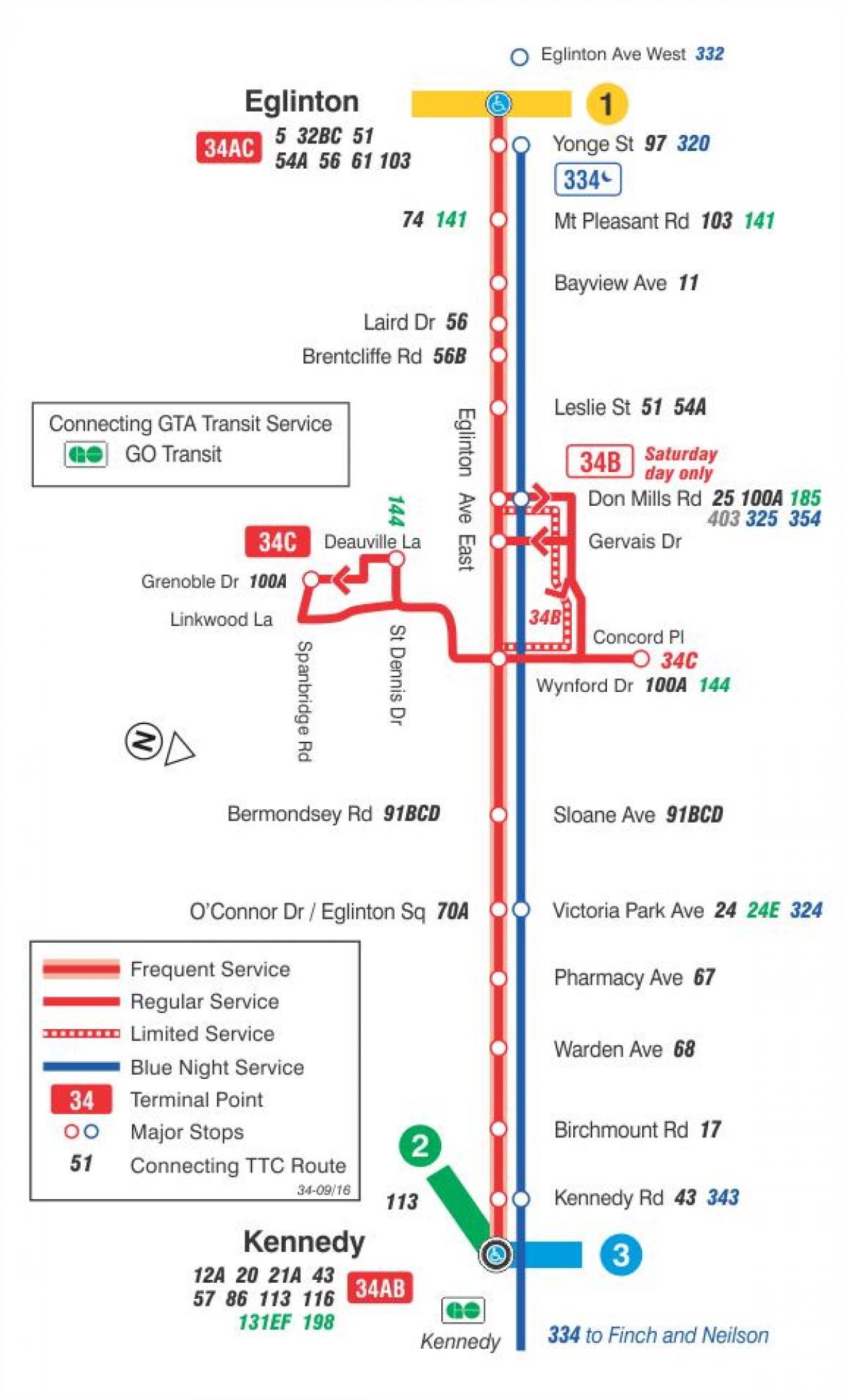 Kartta TTC 34 Eglinton Itä-bussin reitin Toronto