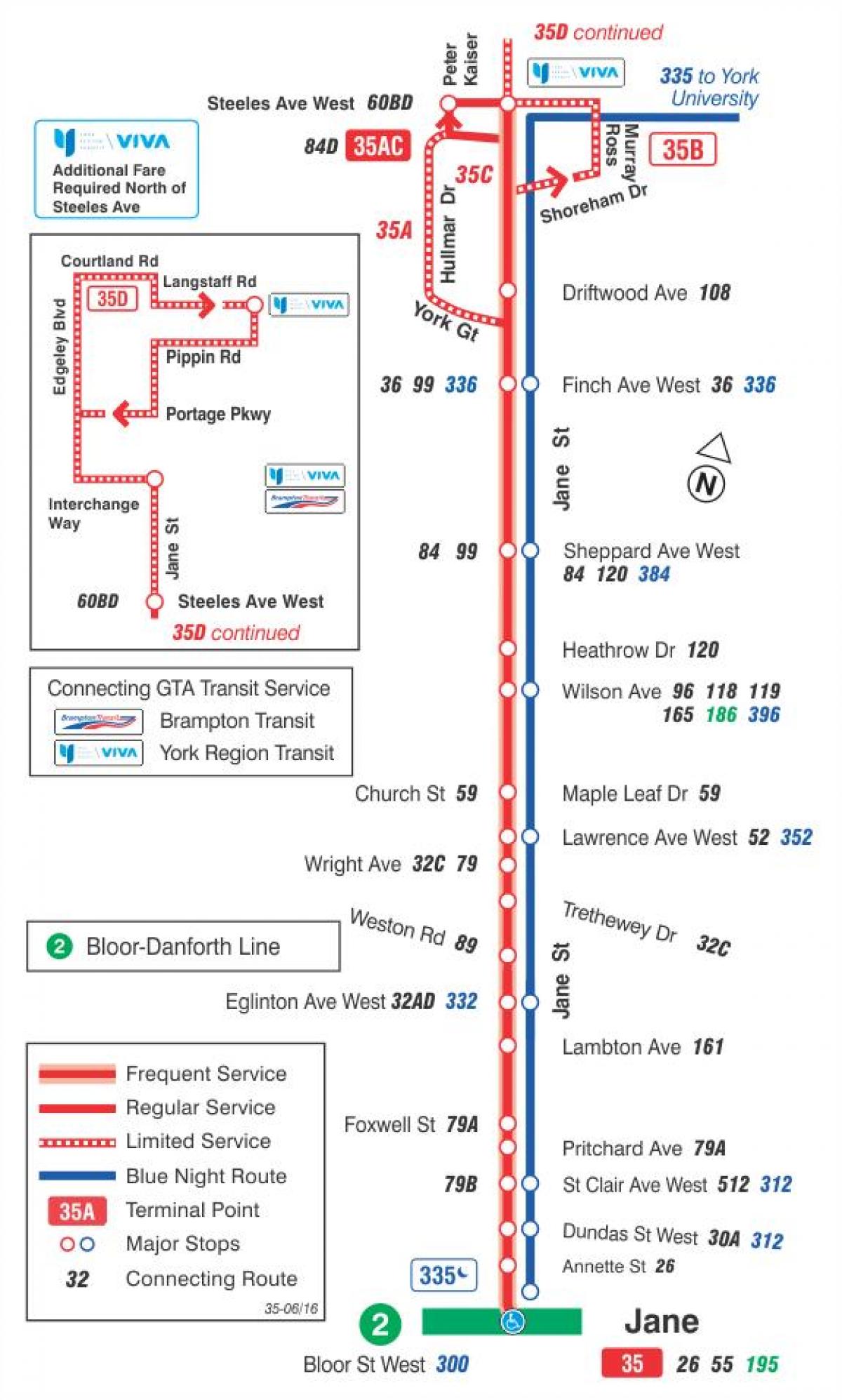 Kartta TTC 35 Jane bussi reitin Toronto
