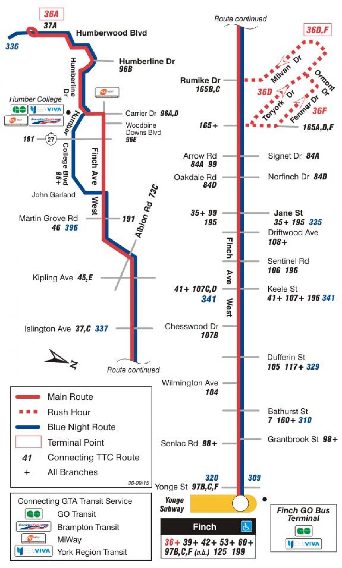 Kartta TTC 36 Finch West bussi reitin Toronto