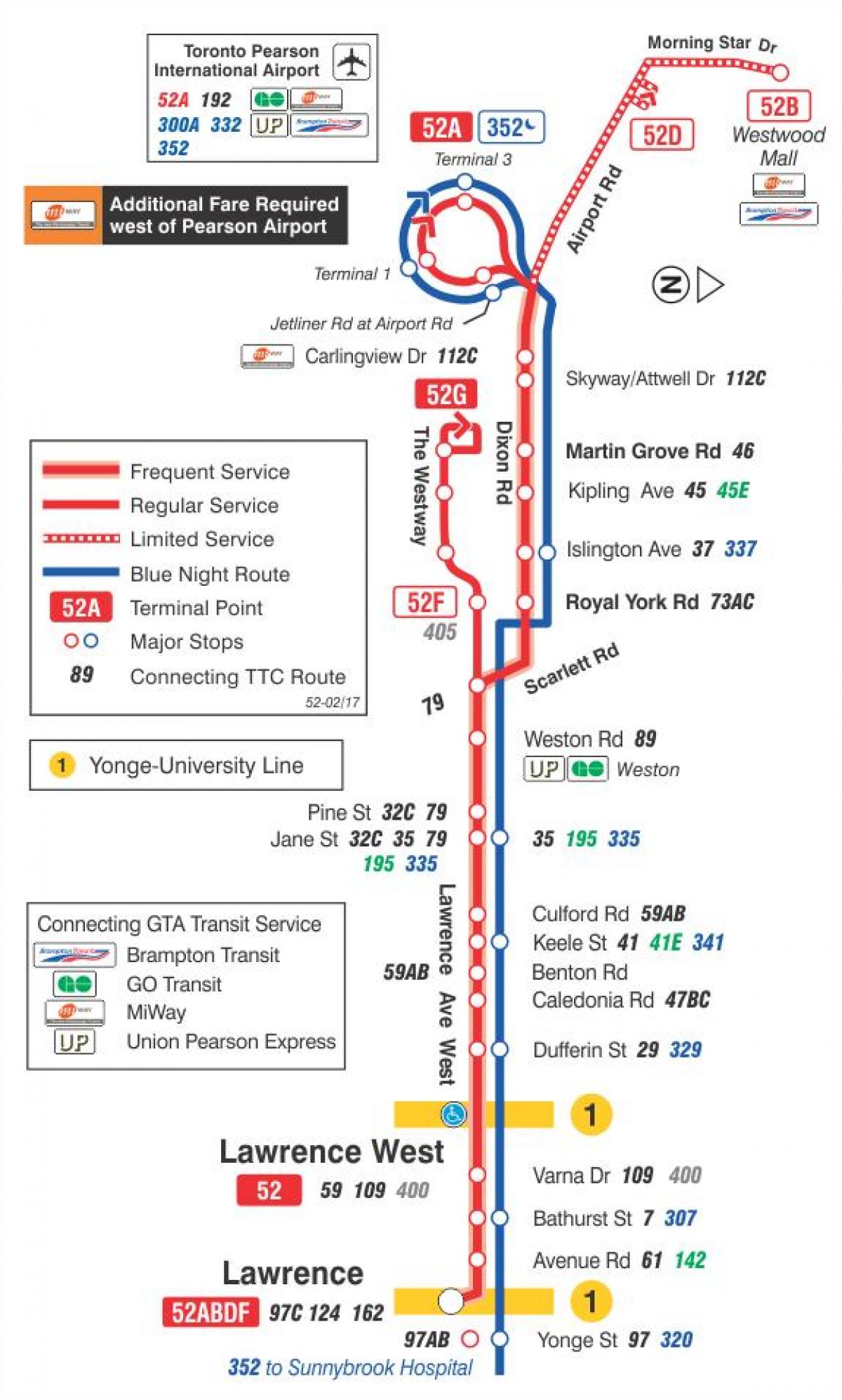 Kartta TTC 52 Lawrence West bussi reitin Toronto