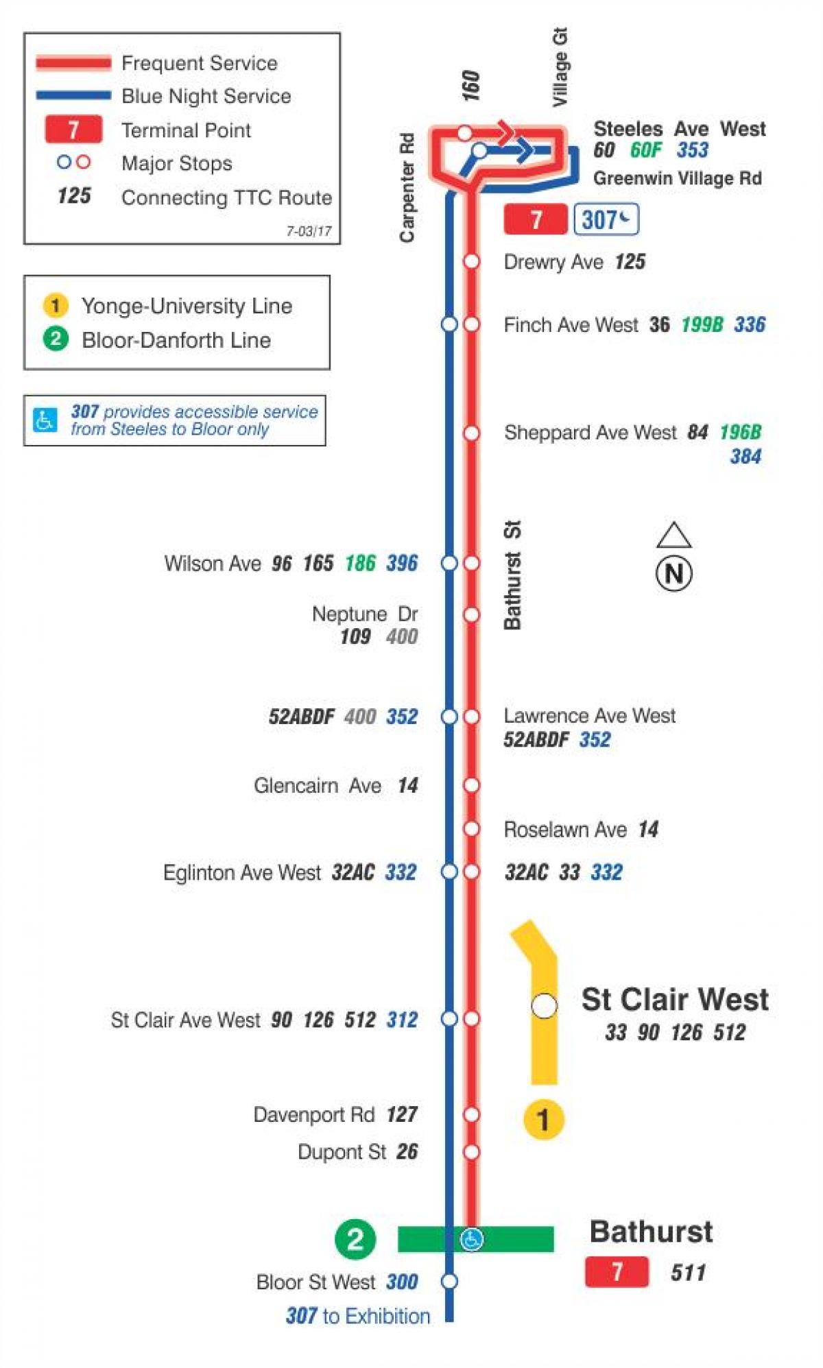 Kartta TTC 7 Bathurst bussi reitin Toronto