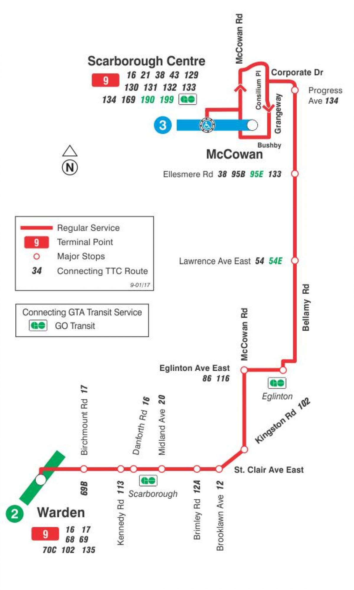 Kartta TTC 9 Bellamy bussi reitin Toronto