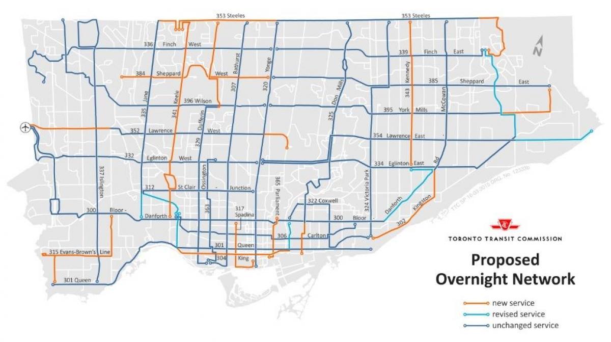 Kartta TTC yön verkko-Toronto