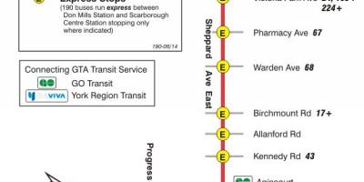 Kartta TTC 190 Scarborough Centre Raketti bussi reitin Toronto