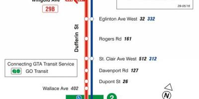 Kartta TTC 29 Dufferin bussi reitin Toronto