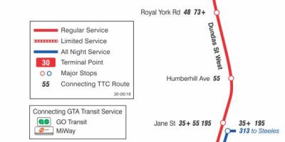 Kartta TTC 30 Lambton bussi reitin Toronto
