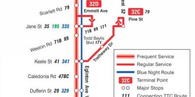 Kartta TTC 32 Eglinton West bussi reitin Toronto