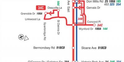 Kartta TTC 34 Eglinton Itä-bussin reitin Toronto