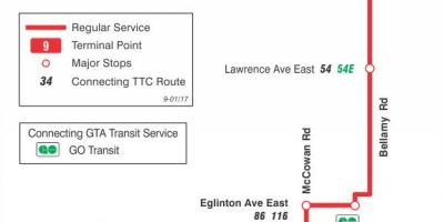 Kartta TTC 9 Bellamy bussi reitin Toronto